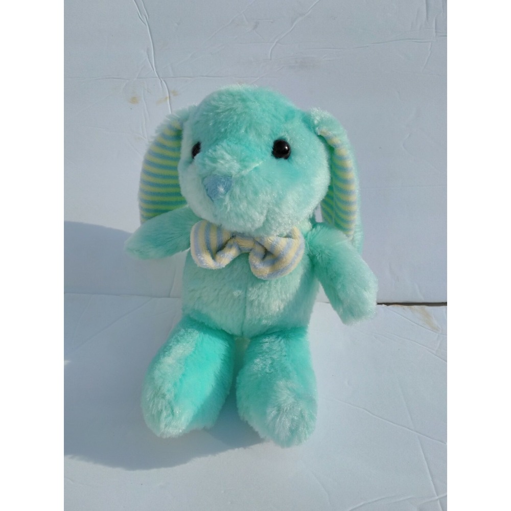 Kellytoy Mint Green Bunny Rabbit Blue & Yellow Striped Ears Bow Feet Plush 9"